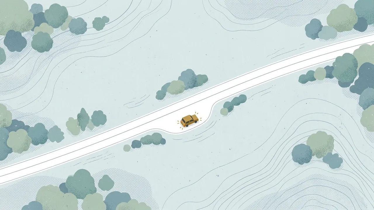 A map-style illustration of a small amber car stopped in a lay-by beside a quiet road, hazard lights glowing.