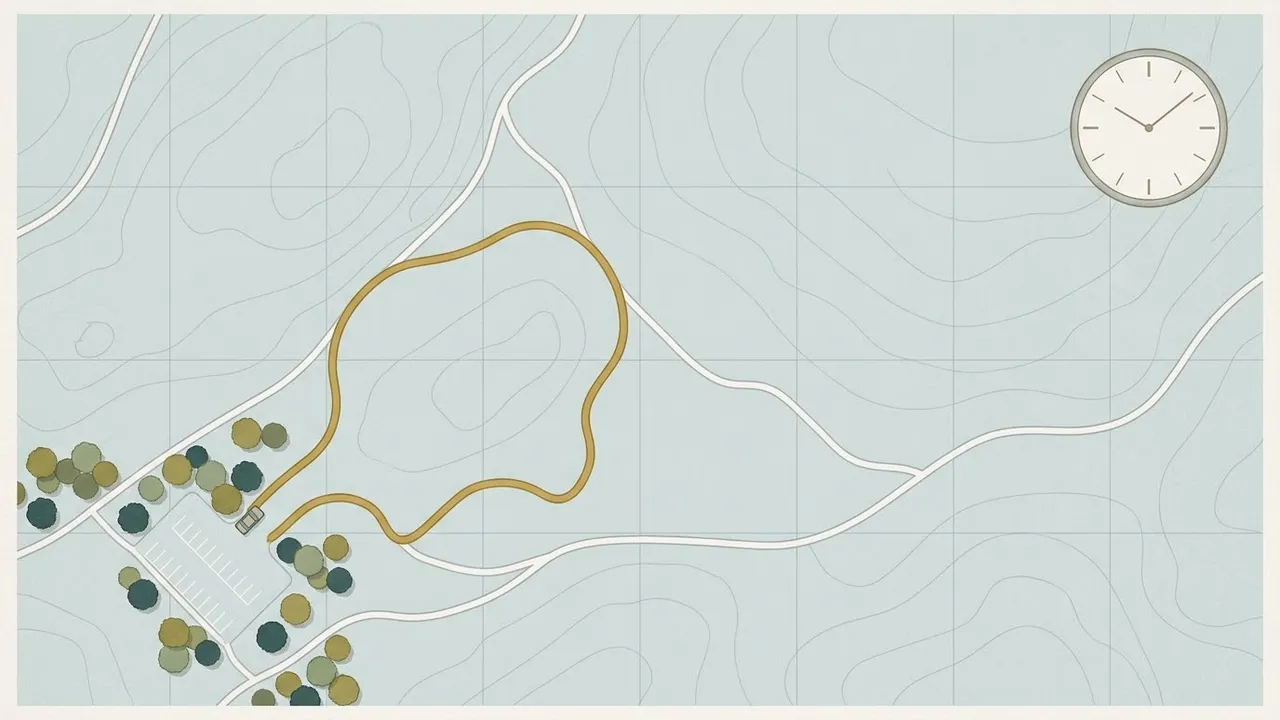 A map-style illustration of a car park and a short loop route, with a plain clock in the corner.