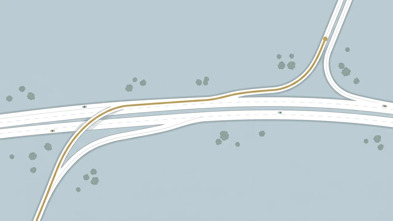 A map-style illustration of a highway on-ramp with a route that enters and leaves at the first exit.