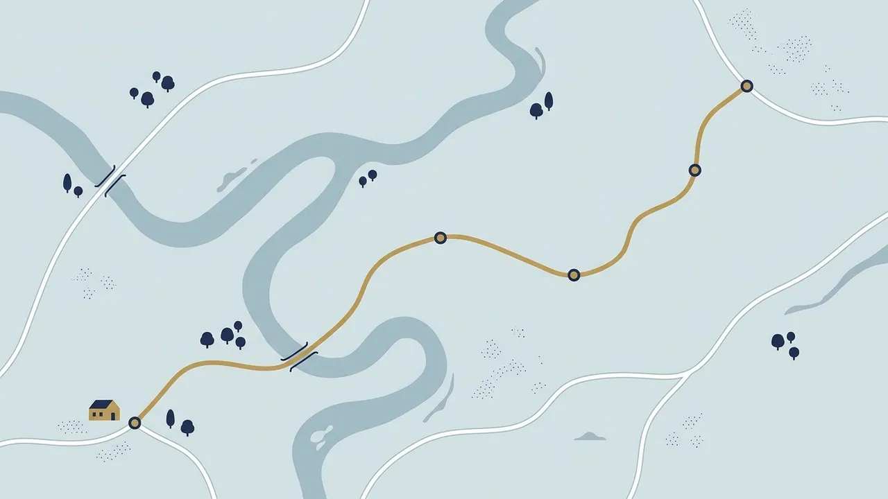 A map-style illustration of a route winding from a small house past five stops across a river.