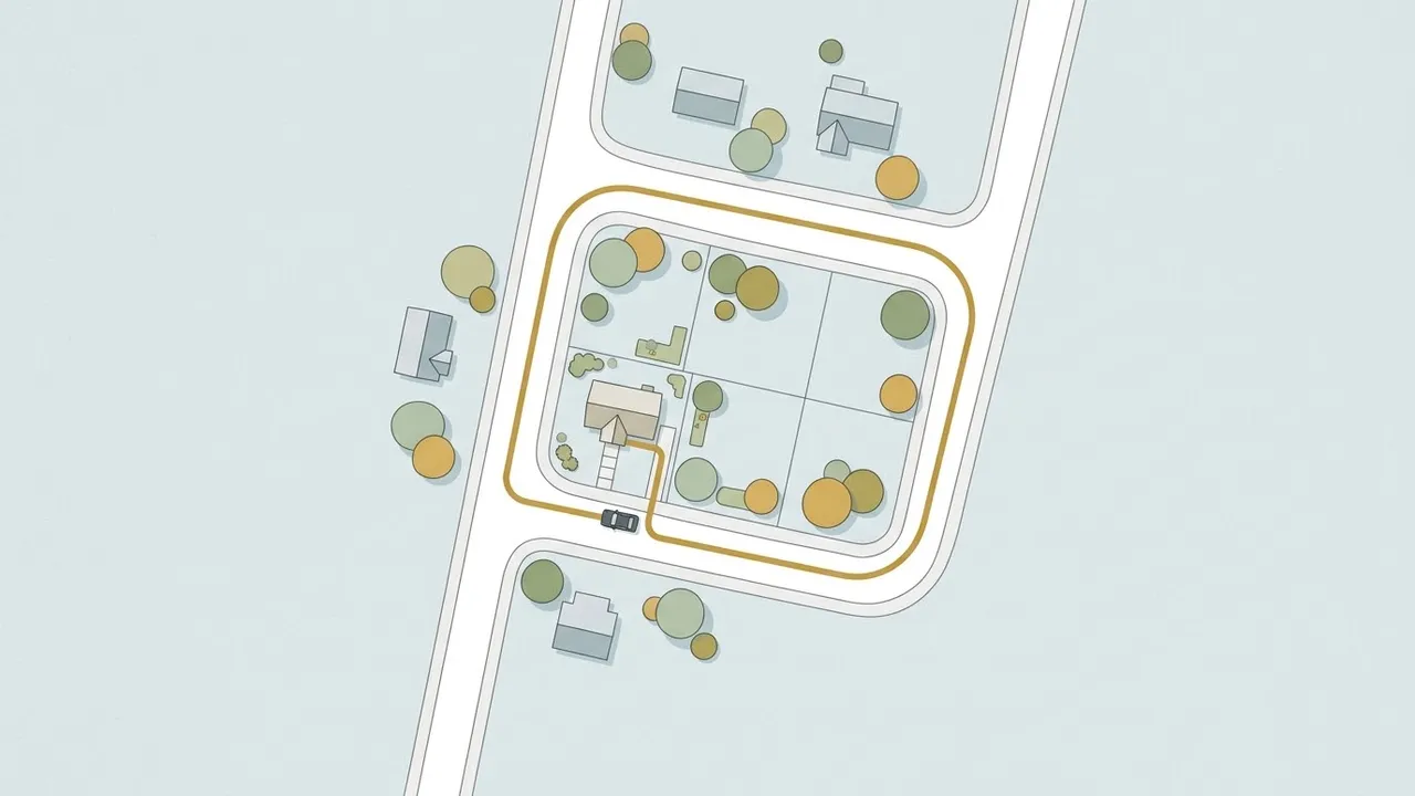 A map-style illustration of a quiet street with a house, a parked car and a gentle loop around one block.