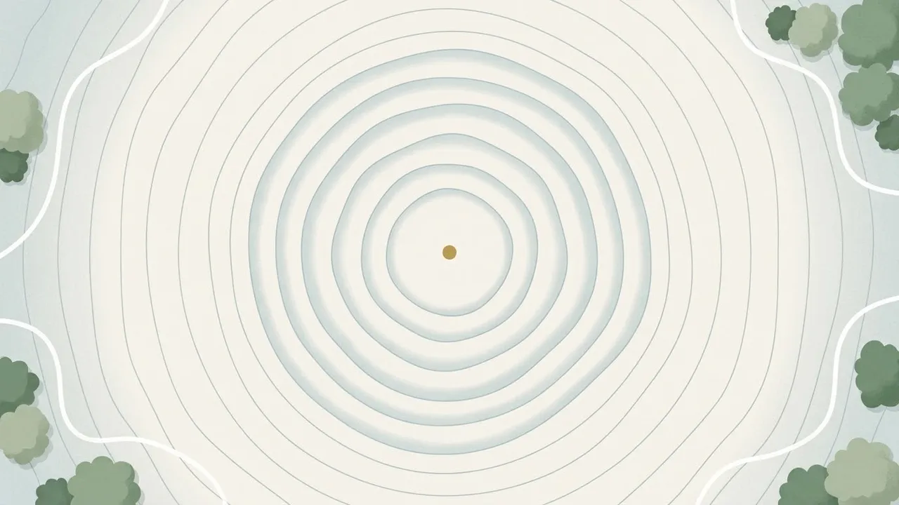 A map-style illustration of calm rings spreading from a small gold dot, like ripples on a quiet lake.