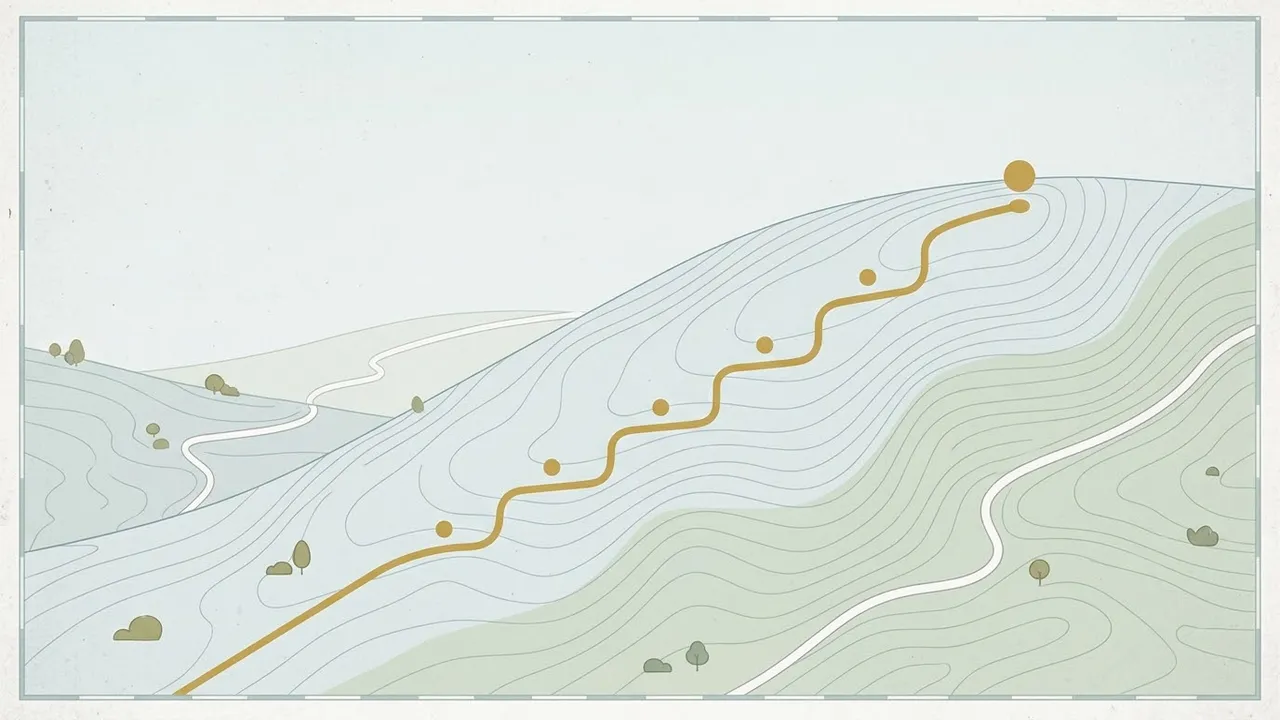 A map-style illustration of a route climbing a hillside in small steps.