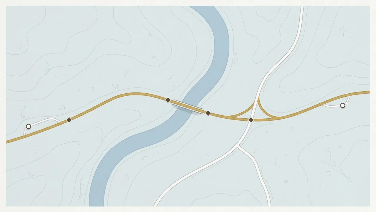 A map-style illustration of a route over a bridge, with marked hard points and safe places to stop.